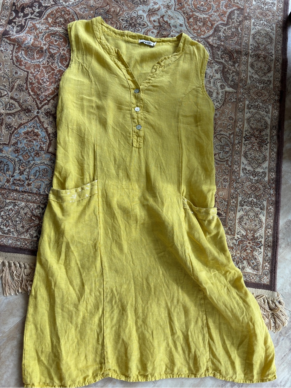 59. Sleeveless Sunny Yellow Linen Mini Dress with Mother of Pearl Button Front - Picture 17 of 17